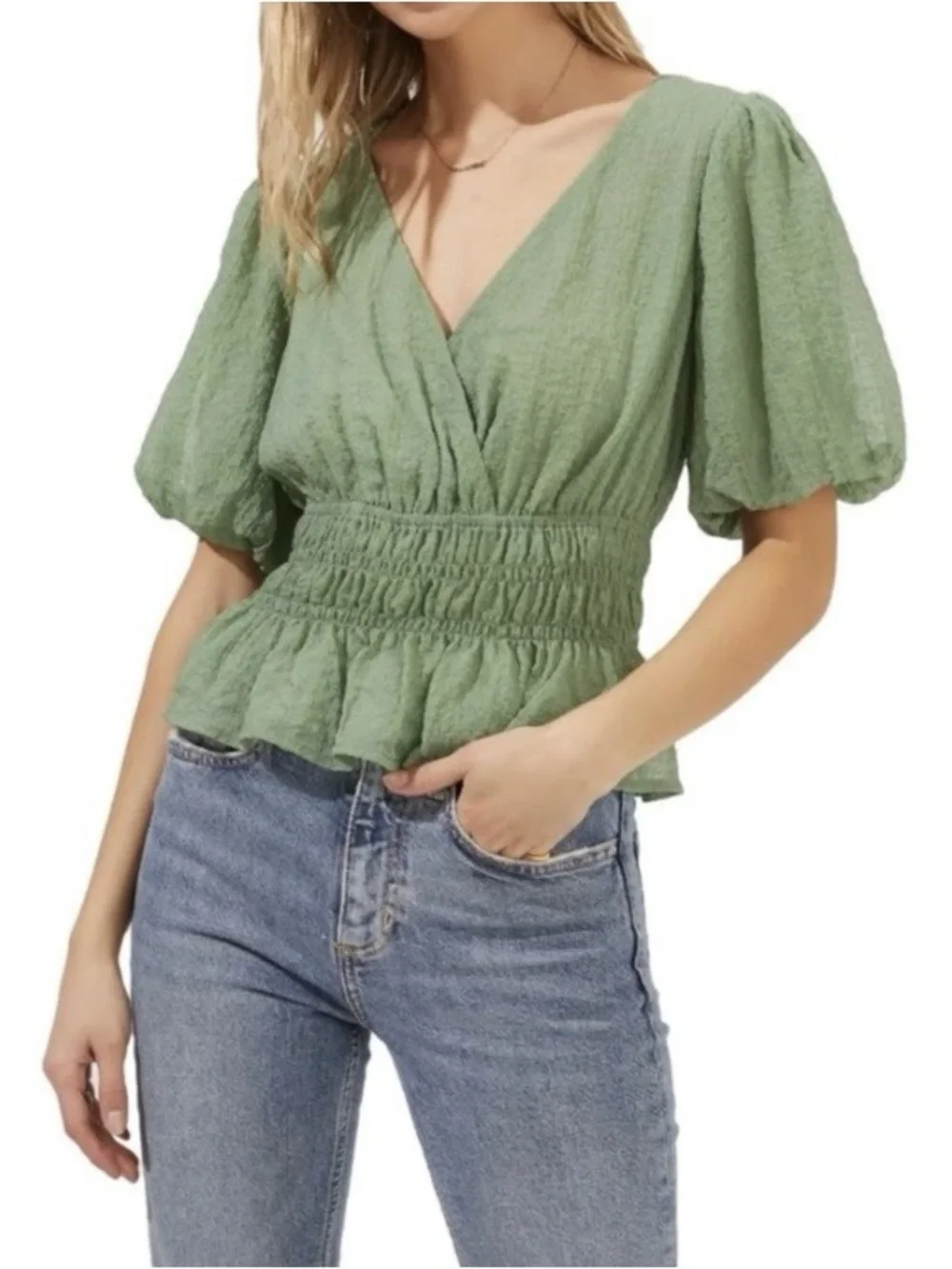Astr Sage Green Smocked V-Neck Peplum Blouse